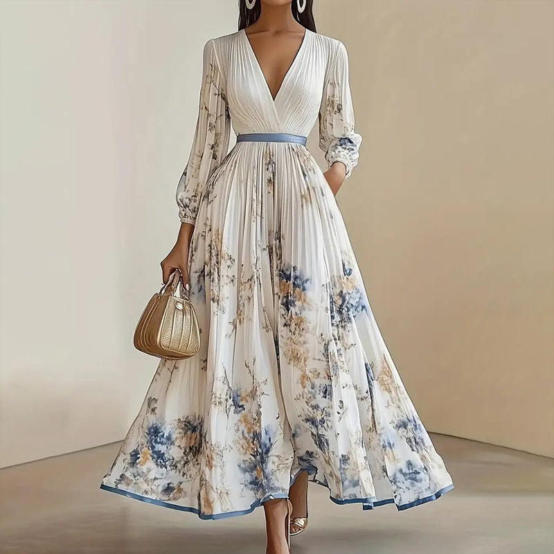 V-Neck Long Sleeve Maxi Dress A-Line