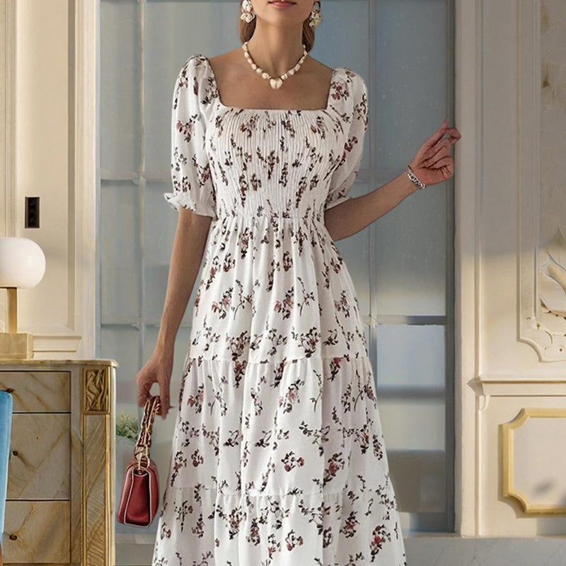 Square Neck Short Sleeve A-Line Floral Print Dress