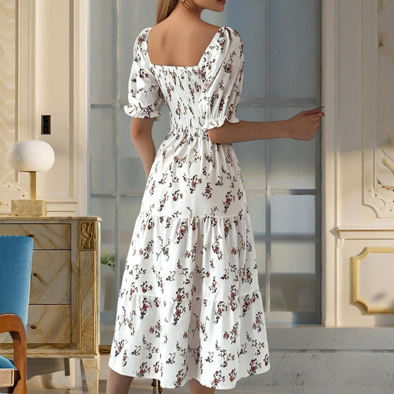 Square Neck Short Sleeve A-Line Floral Print Dress