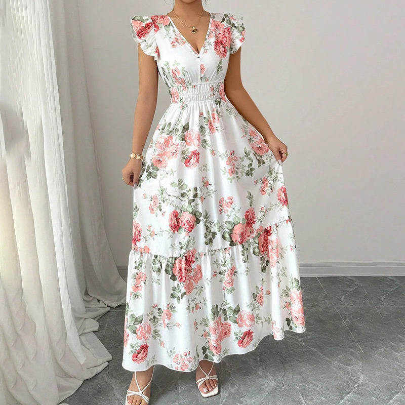Maxi Dress Flutter Short Sleeve V Neck Smocked A Line Flowy Beach Vacation Long Dresses