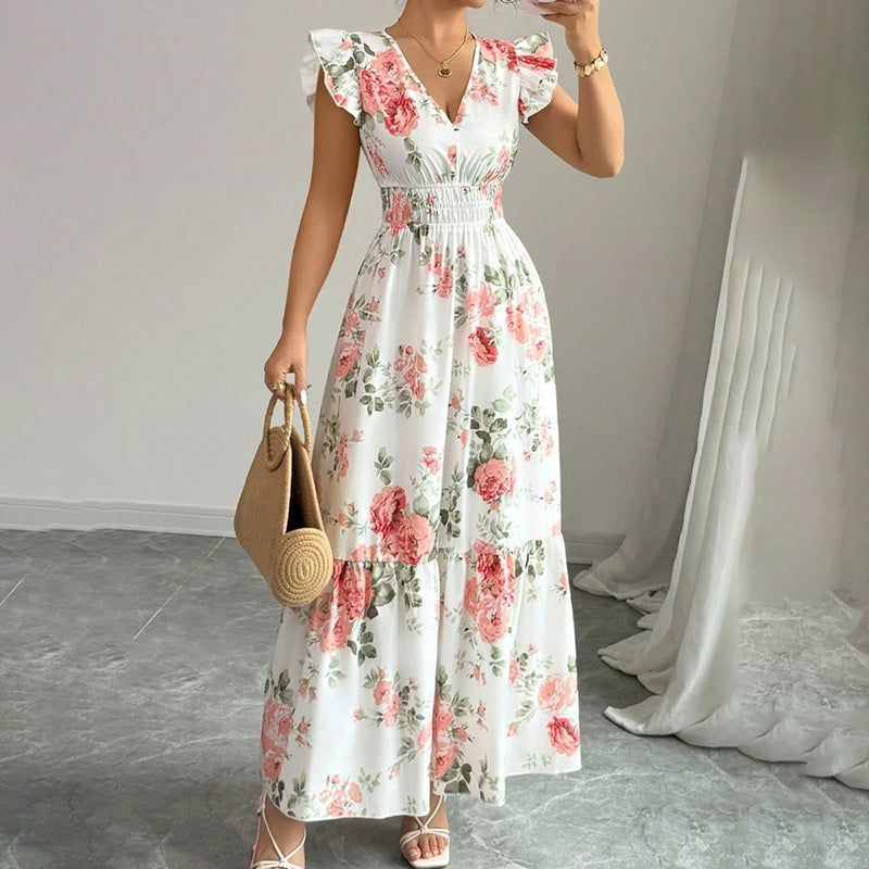 Maxi Dress Flutter Short Sleeve V Neck Smocked A Line Flowy Beach Vacation Long Dresses