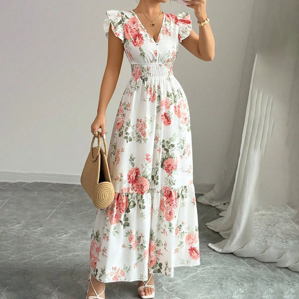 Maxi Dress Flutter Short Sleeve V Neck Smocked A Line Flowy Beach Vacation Long Dresses