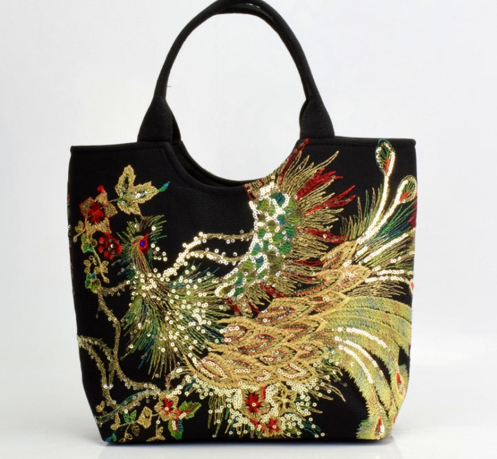Canvas peacock embroidery handbag