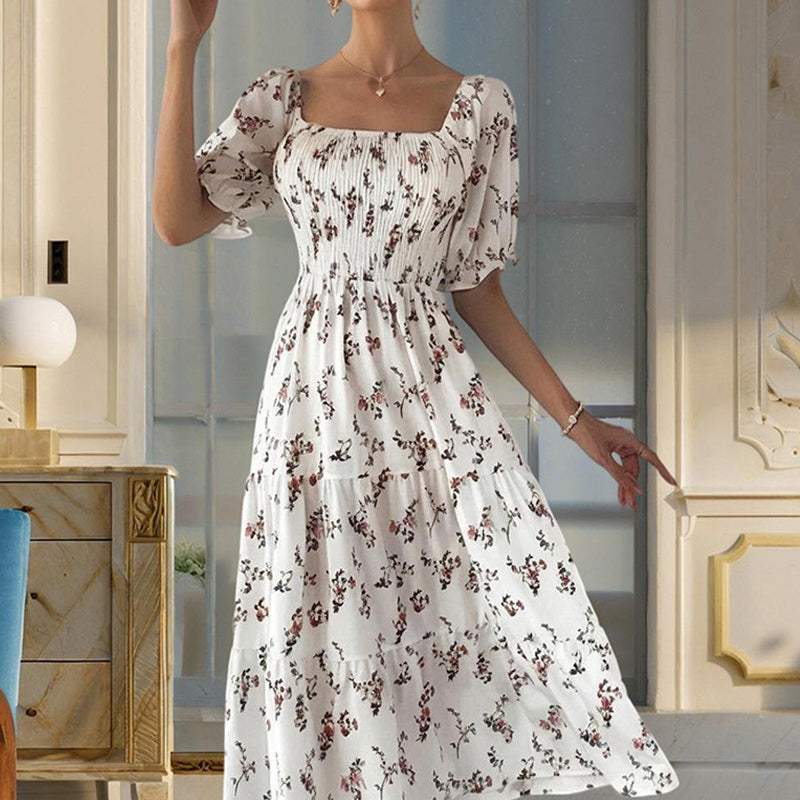 Square Neck Short Sleeve A-Line Floral Print Dress