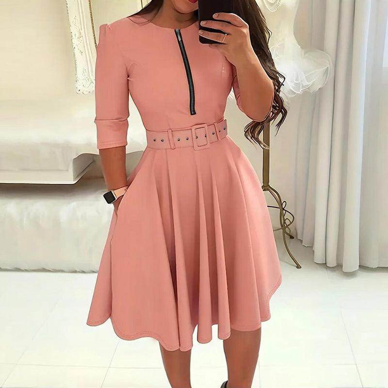 Round Neck Zip Front Midi Dress With Belt