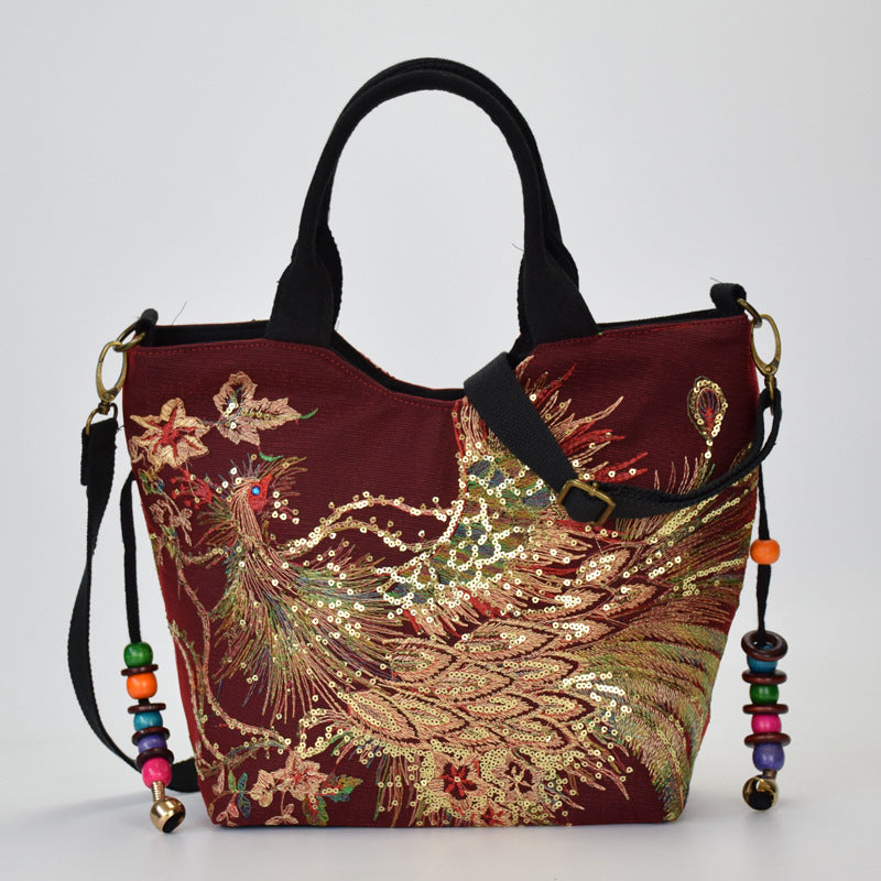 Canvas peacock embroidery handbag