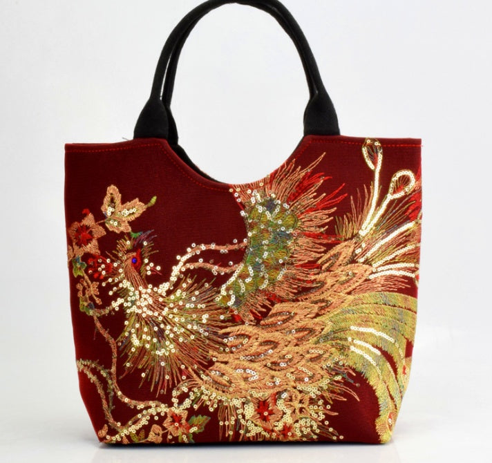 Canvas peacock embroidery handbag