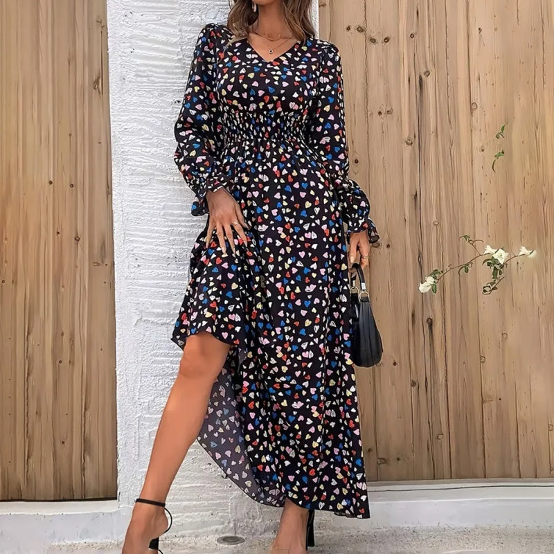 V-Neck Floral Print Long Sleeve Maxi Dress