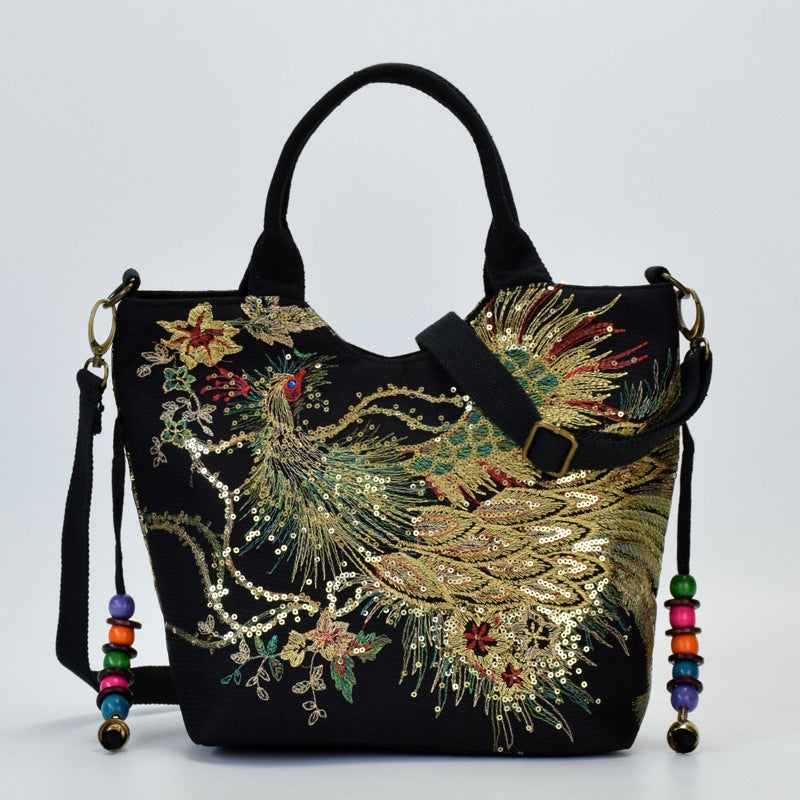 Canvas peacock embroidery handbag