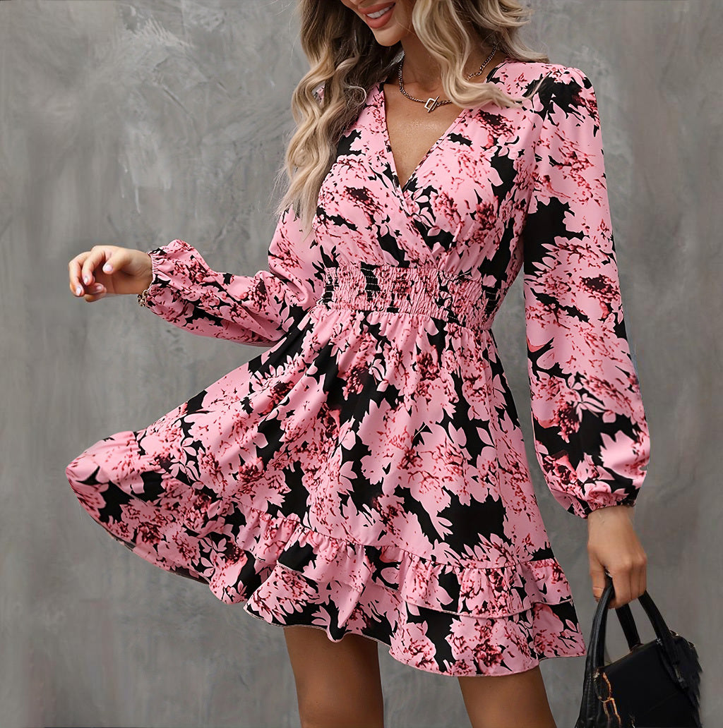 Elegant Printed Lantern Sleeve A-Line Dress V-Neck
