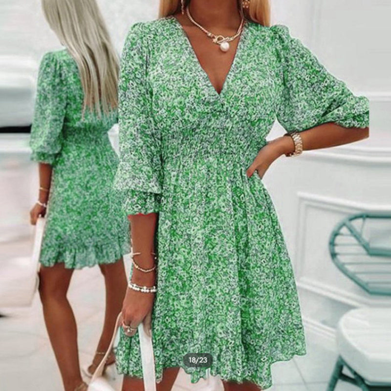 Boho Floral Deep V Neck Smocked Elastic Waist Casual A-Line Swing Mini Dress