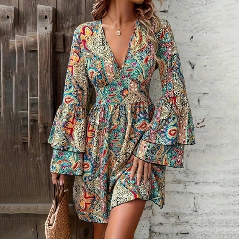Elegant V-Neck Floral Print Dress