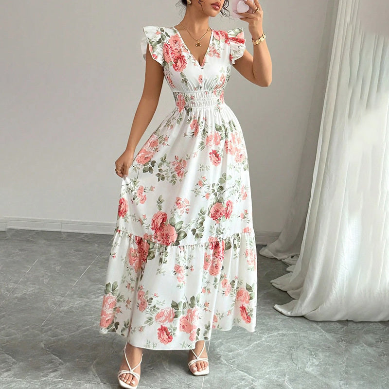 Maxi Dress Flutter Short Sleeve V Neck Smocked A Line Flowy Beach Vacation Long Dresses