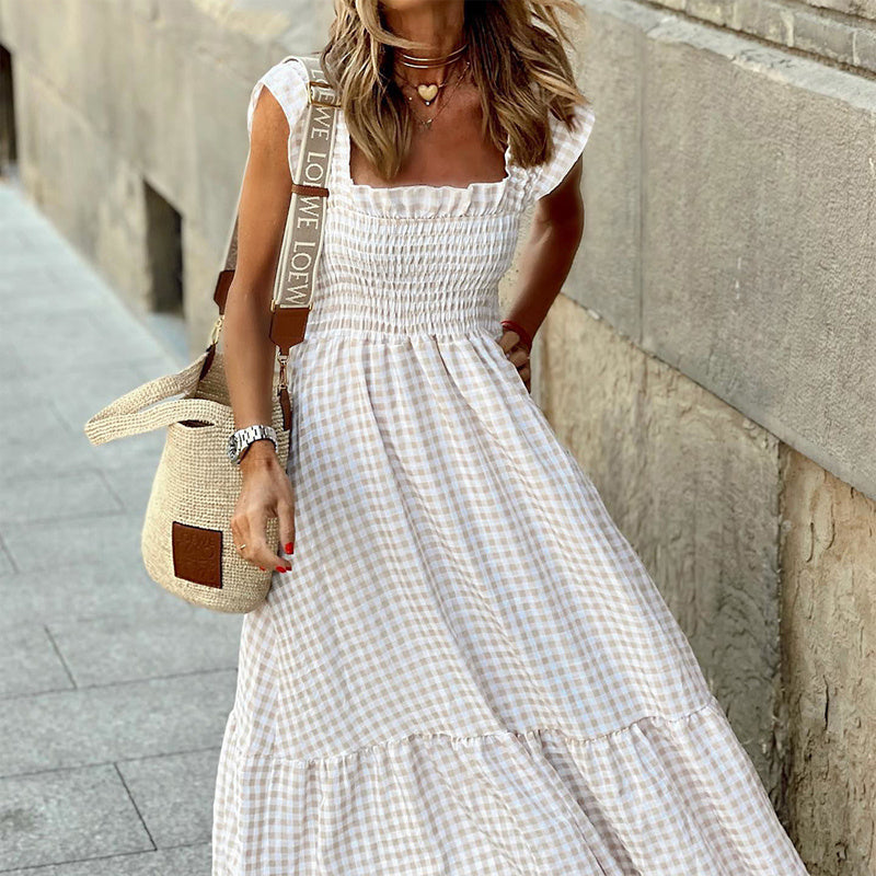 Square Neck A-Line Dress With Plaid Print