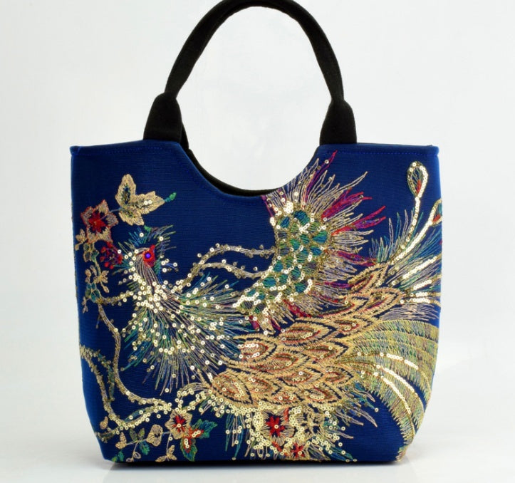 Canvas peacock embroidery handbag