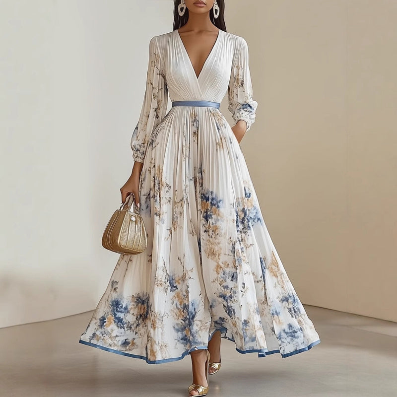 V-Neck Long Sleeve Maxi Dress A-Line