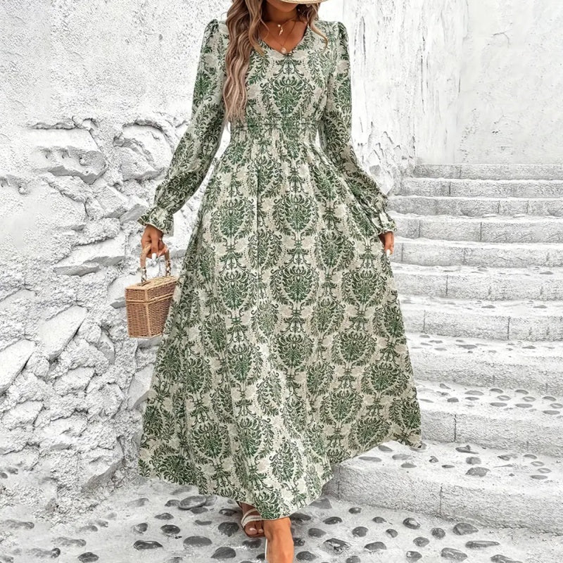 V-Neck Floral Print Long Sleeve Maxi Dress