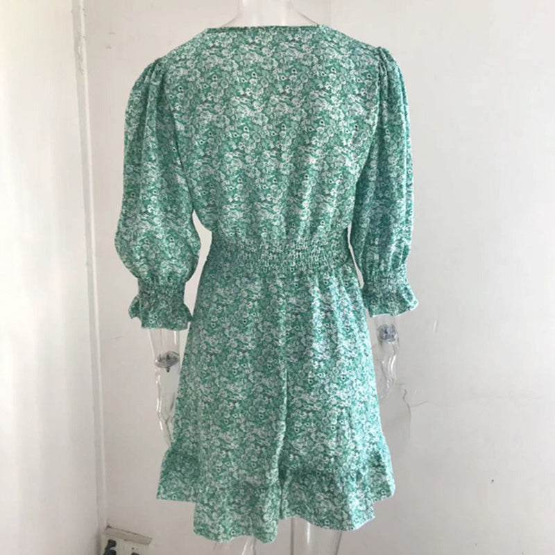 Boho Floral Deep V Neck Smocked Elastic Waist Casual A-Line Swing Mini Dress