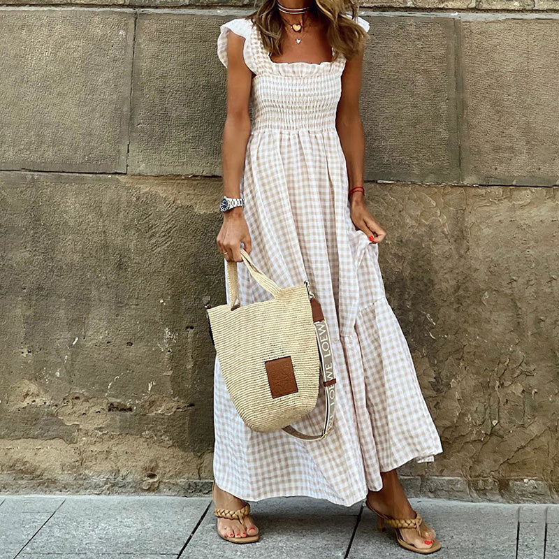 Square Neck A-Line Dress With Plaid Print
