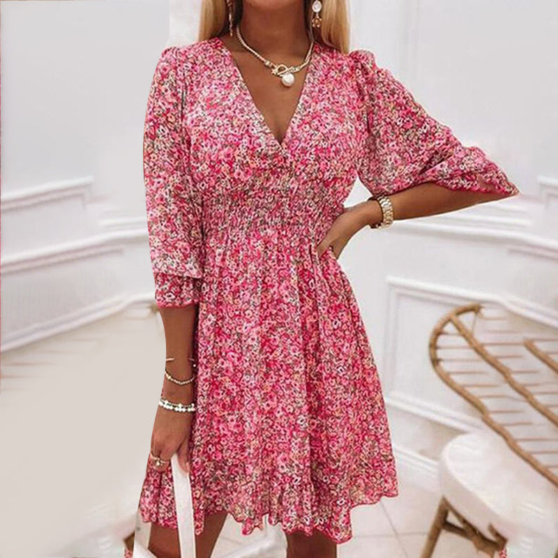 Boho Floral Deep V Neck Smocked Elastic Waist Casual A-Line Swing Mini Dress