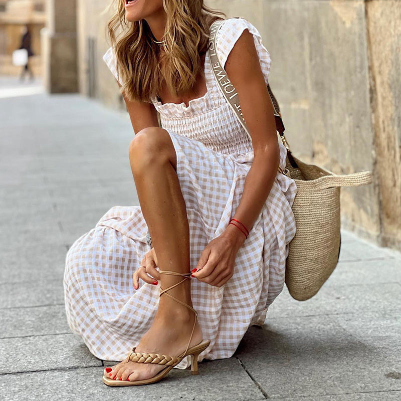 Square Neck A-Line Dress With Plaid Print
