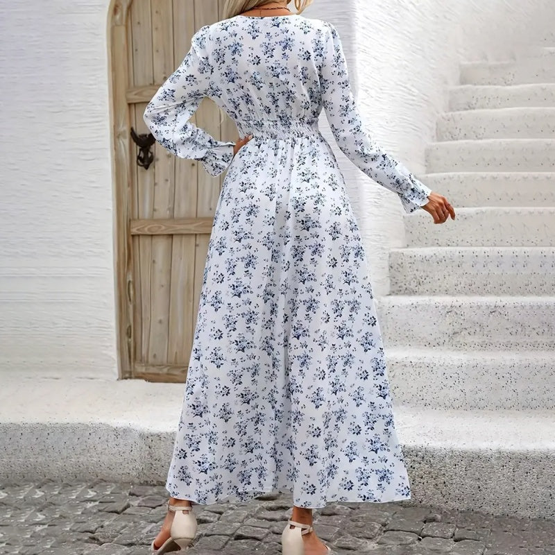 V-Neck Floral Print Long Sleeve Maxi Dress