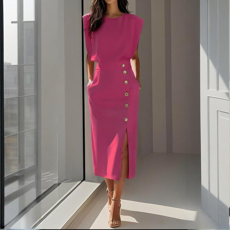 Round Neck Pocket A Dress