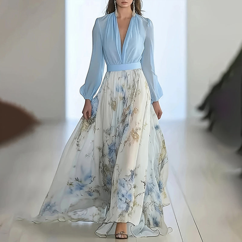 Deep V-Neck Floral Print Boho Maxi Dress With Long Sleeves