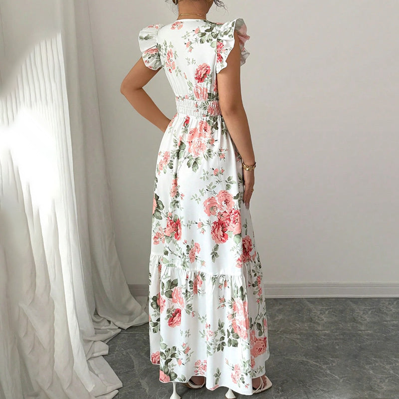 Maxi Dress Flutter Short Sleeve V Neck Smocked A Line Flowy Beach Vacation Long Dresses