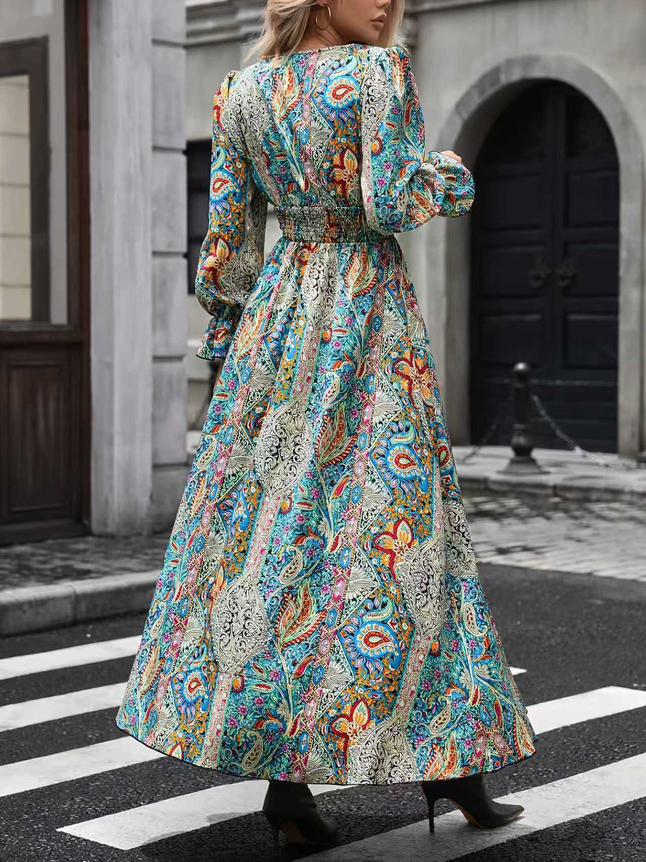 V-Neck Retro Geometric Print Flounce Sleeve Dress