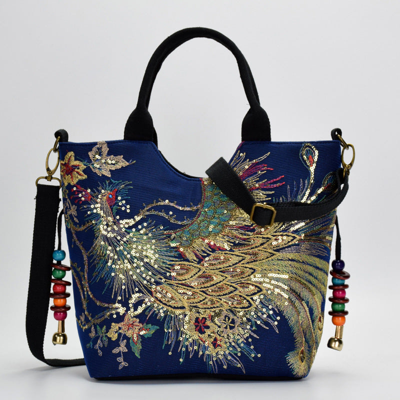 Canvas peacock embroidery handbag