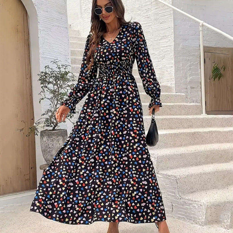 V-Neck Floral Print Long Sleeve Maxi Dress