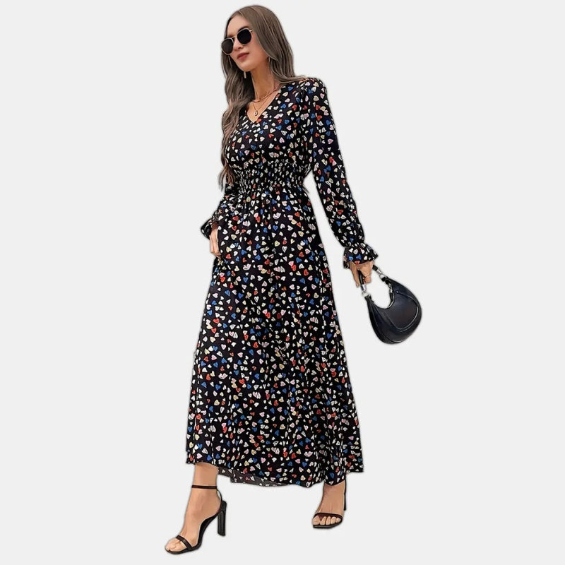 V-Neck Floral Print Long Sleeve Maxi Dress