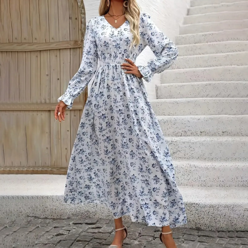 V-Neck Floral Print Long Sleeve Maxi Dress