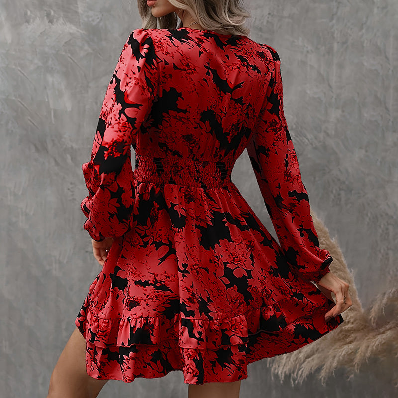Elegant Printed Lantern Sleeve A-Line Dress V-Neck