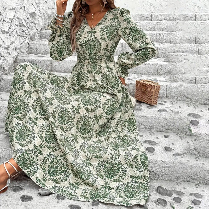 V-Neck Floral Print Long Sleeve Maxi Dress