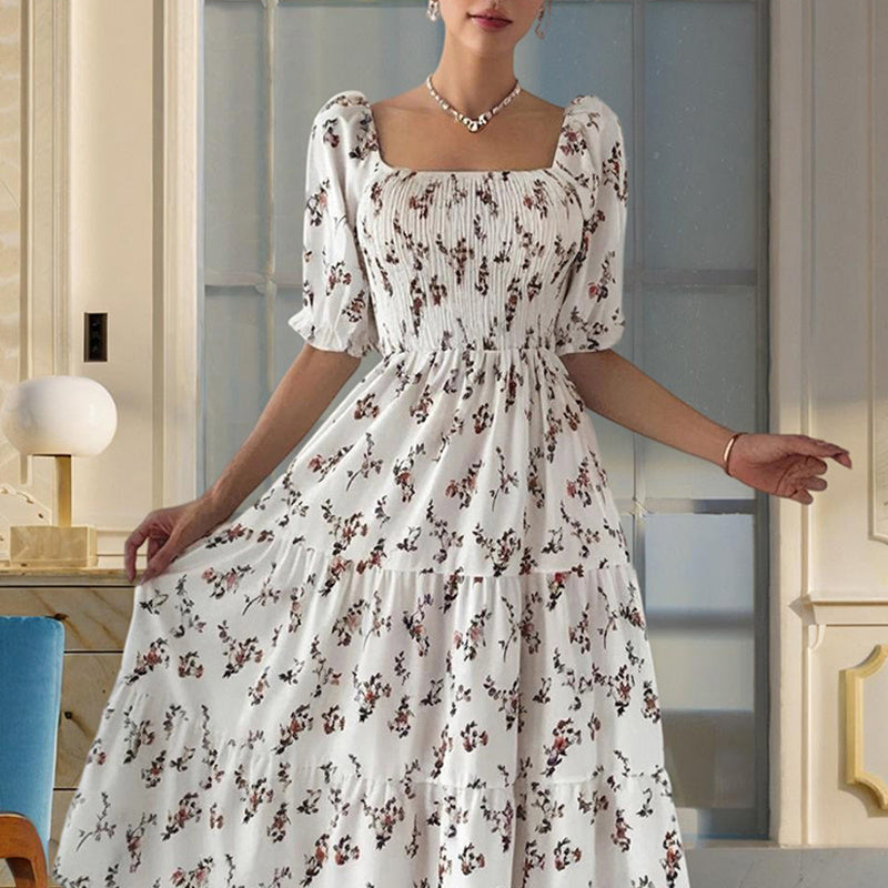 Square Neck Short Sleeve A-Line Floral Print Dress