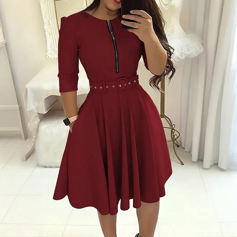 Round Neck Zip Front Midi Dress With Belt