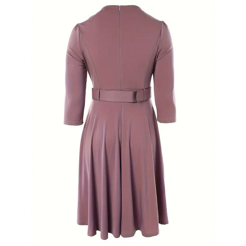 Round Neck Zip Front Midi Dress With Belt
