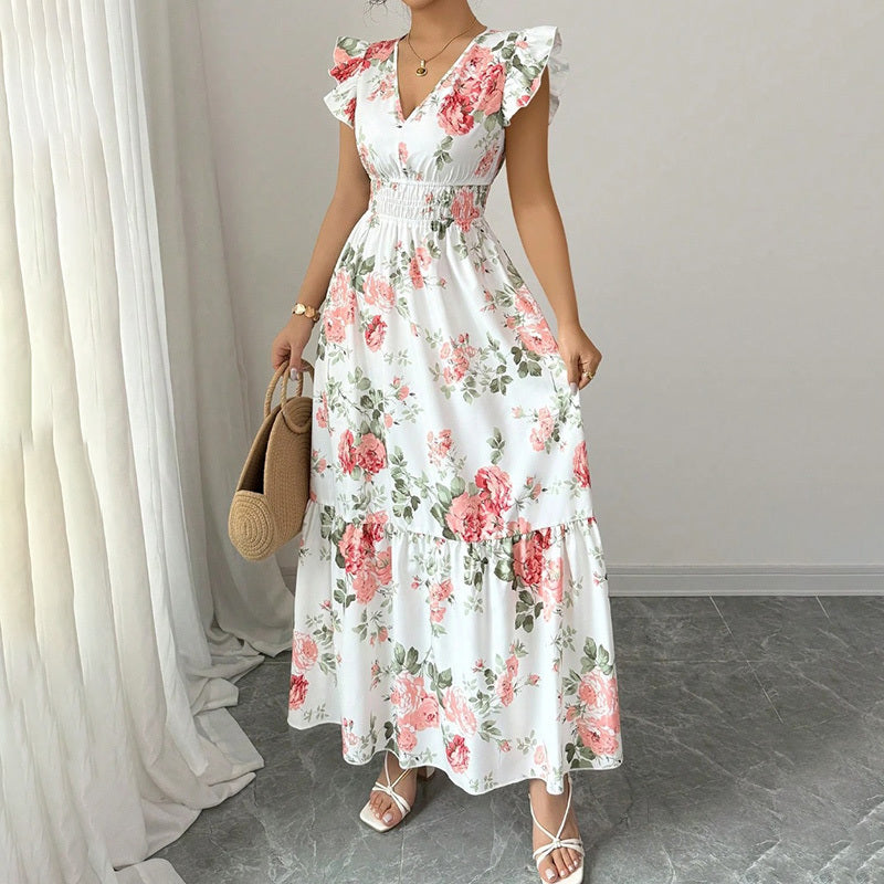 Maxi Dress Flutter Short Sleeve V Neck Smocked A Line Flowy Beach Vacation Long Dresses