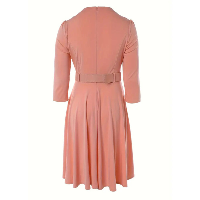 Round Neck Zip Front Midi Dress With Belt