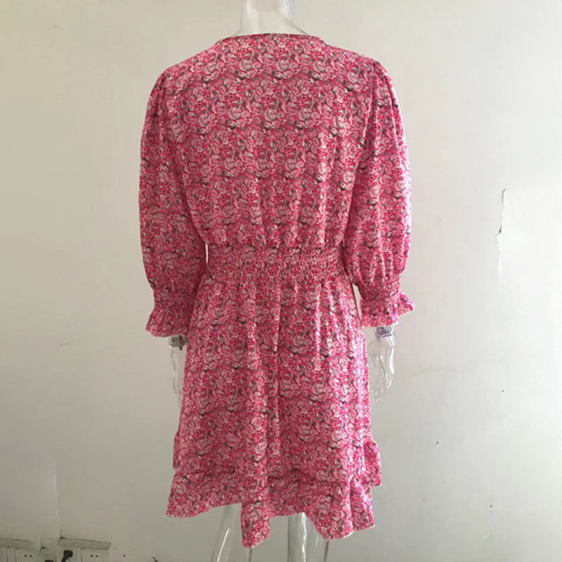 Boho Floral Deep V Neck Smocked Elastic Waist Casual A-Line Swing Mini Dress