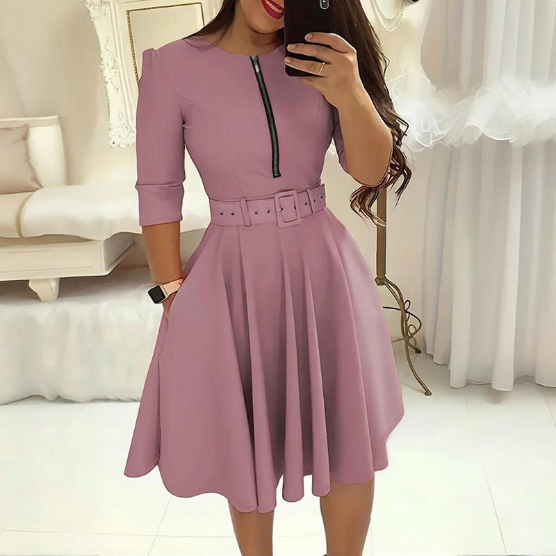 Round Neck Zip Front Midi Dress With Belt