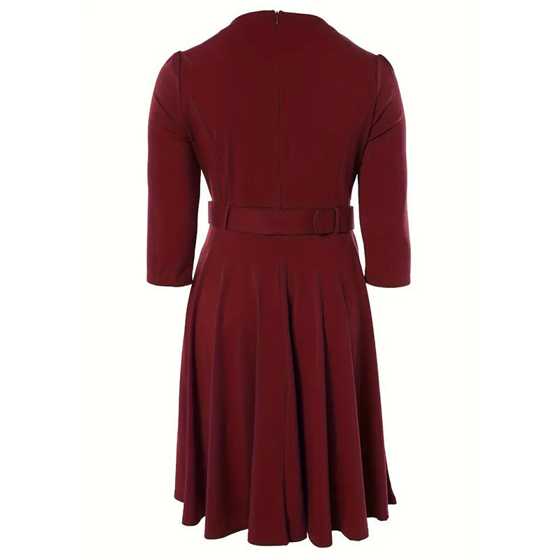 Round Neck Zip Front Midi Dress With Belt