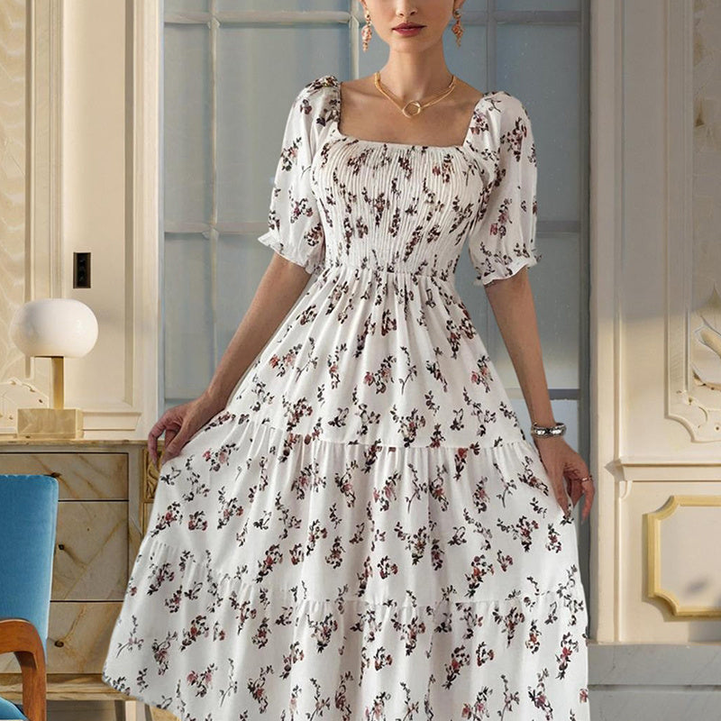 Square Neck Short Sleeve A-Line Floral Print Dress