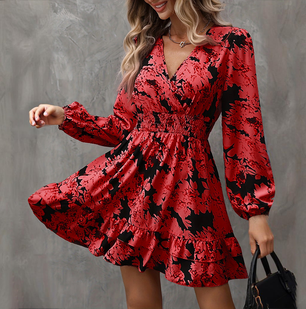 Elegant Printed Lantern Sleeve A-Line Dress V-Neck