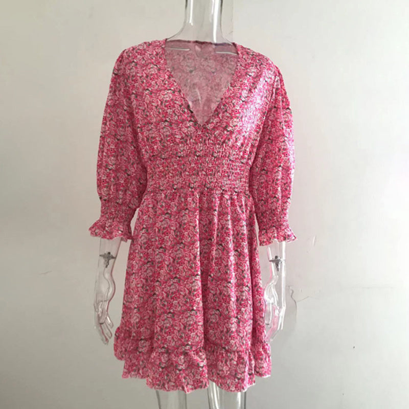Boho Floral Deep V Neck Smocked Elastic Waist Casual A-Line Swing Mini Dress