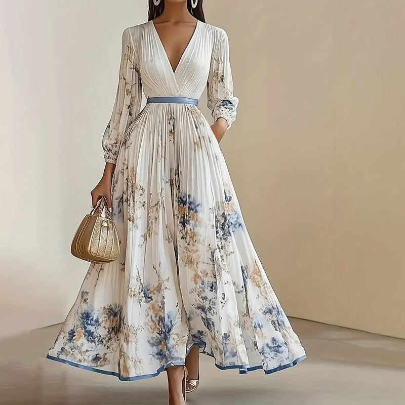V-Neck Long Sleeve Maxi Dress A-Line
