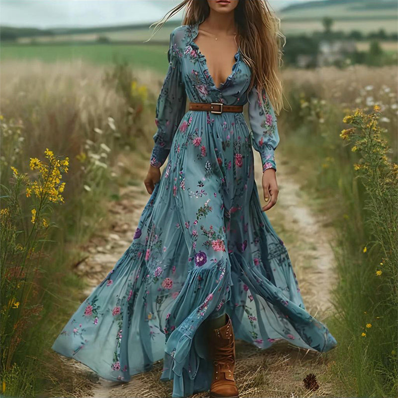 V-Neck Long Sleeve Dress With Lace Trim & Elastic Cuffs