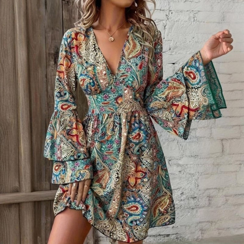 Elegant V-Neck Floral Print Dress